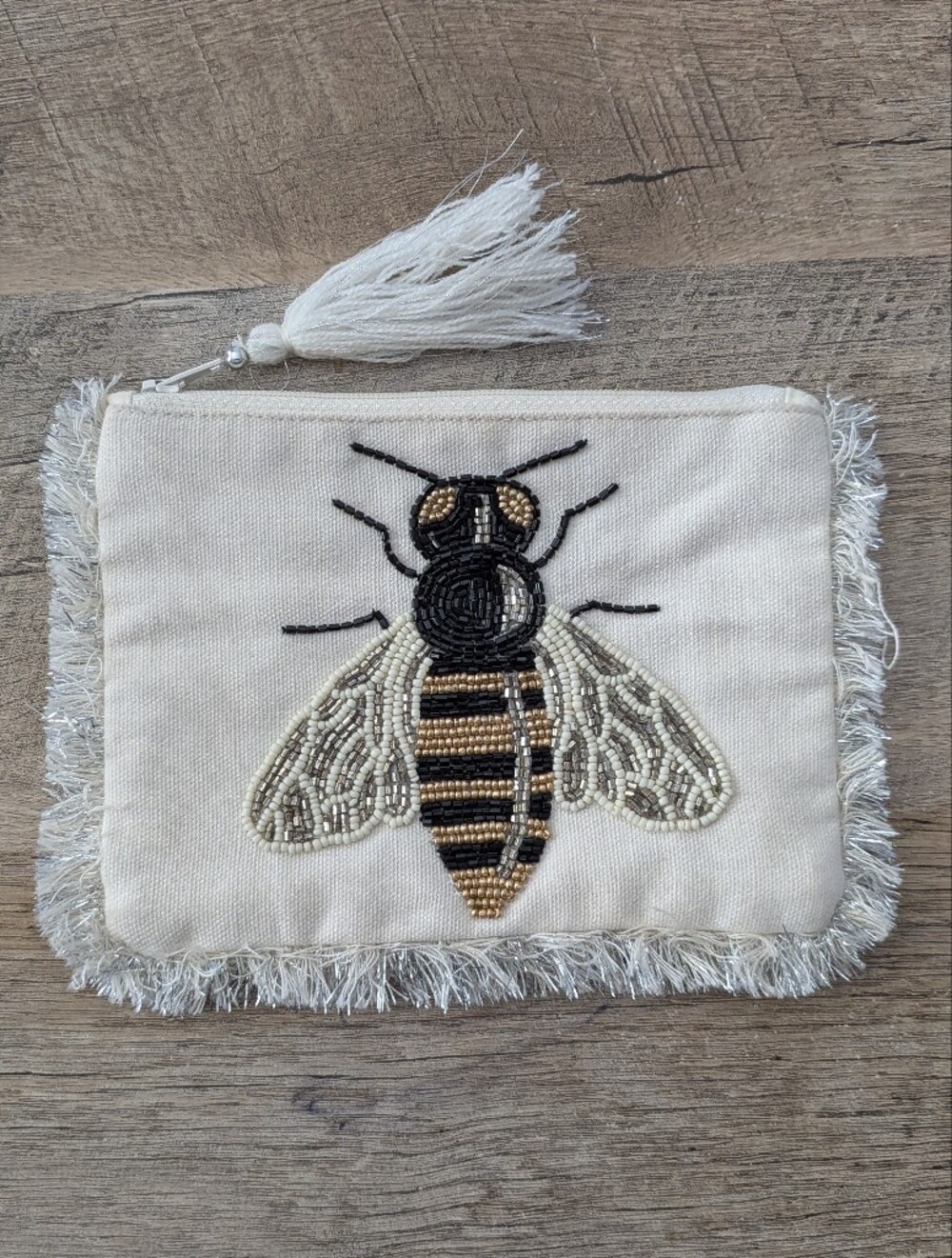 Beaded Bee Pouch Cosmetic Bag with Tassel Fringe travel pouch